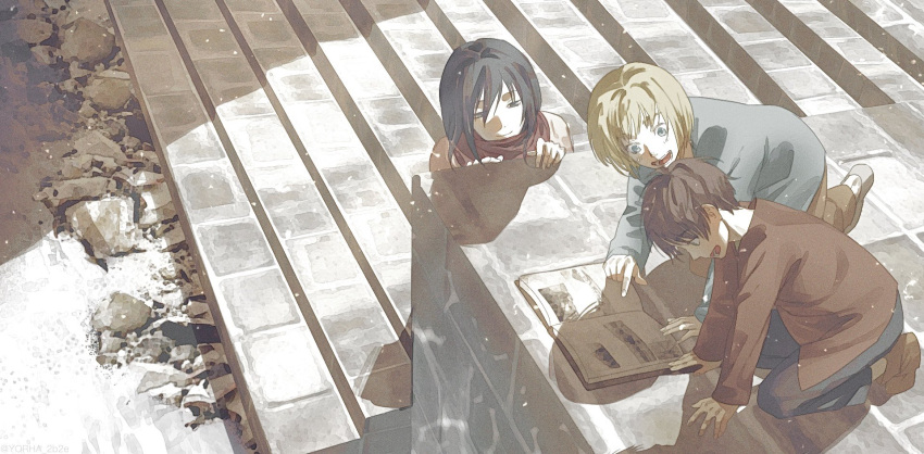 1girl 2boys all_fours armin_arlert black_hair blonde_hair blue_eyes blue_pants blue_shirt book brown_shirt closed_mouth commentary eren_yeager hands_on_ground highres mikasa_ackerman multiple_boys on_stairs open_book open_mouth outdoors pants pointing red_scarf scarf shingeki_no_kyojin shirt short_hair smile stairs stone_stairs yorha_2b2e