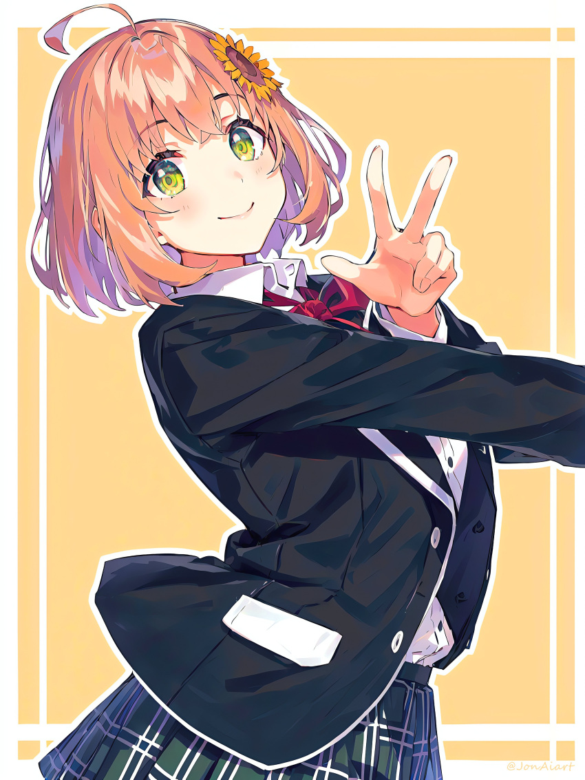 1girl absurdres ahoge black_jacket blazer collared_shirt dress_shirt flower green_eyes hair_flower hair_ornament highres honma_himawari honma_himawari_(1st_costume) jacket jon_(jonaiart) nijisanji orange_hair shirt short_hair smile solo sunflower sunflower_hair_ornament v virtual_youtuber yellow_flower