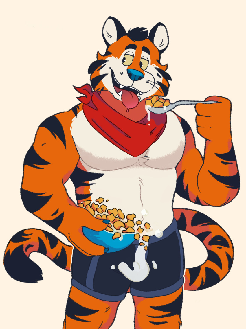 absurd_res cereal dairy_products dripping eating felid fluffy food frosted_flakes hi_res kellogg's male mammal mascot muscular muscular_male naaidden neckerchief pantherine pecs solo spilling suggestive suggestive_look tiger tongue tongue_out tony_the_tiger