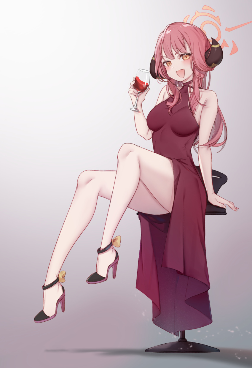 1girl :d alcohol alternate_costume arm_support aru_(blue_archive) ass blue_archive blunt_bangs commentary_request cup demon_girl demon_horns dress drinking_glass gown halo high_heels highres holding holding_cup horns long_hair looking_at_viewer on_stool red_dress red_hair sidelocks simple_background sitting sleeveless smile solo strappy_heels v-shaped_eyebrows wine wine_glass xiao_jian yellow_eyes