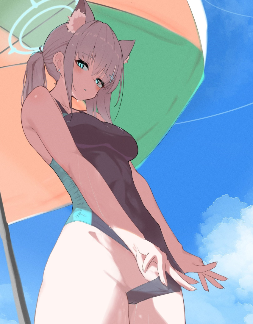 1girl animal_ear_fluff animal_ears aqua_eyes blue_archive blue_sky blush breasts cameltoe cloud competition_swimsuit earrings grey_hair halo highres jewelry looking_at_viewer medium_breasts one-piece_swimsuit outdoors parasol pcaccount13 ponytail shiroko_(blue_archive) shiroko_(swimsuit)_(blue_archive) sky solo stud_earrings sweatdrop swimsuit swimsuit_tug umbrella wolf_ears