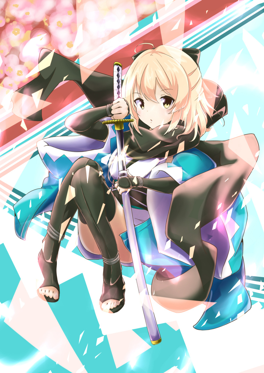 1girl absurdres ahoge arm_guards black_bow black_footwear black_scarf blonde_hair boots bow brown_eyes closed_mouth commentary_request convenient_leg fate_(series) full_body hair_between_eyes hair_bow highres hilamaru holding holding_sheath holding_sword holding_weapon japanese_clothes katana kimono knees_up koha-ace long_sleeves looking_at_viewer obi okita_souji_(fate) okita_souji_(koha-ace) sash scarf sheath solo stirrup_footwear sword thigh_boots unsheathing weapon white_kimono wide_sleeves