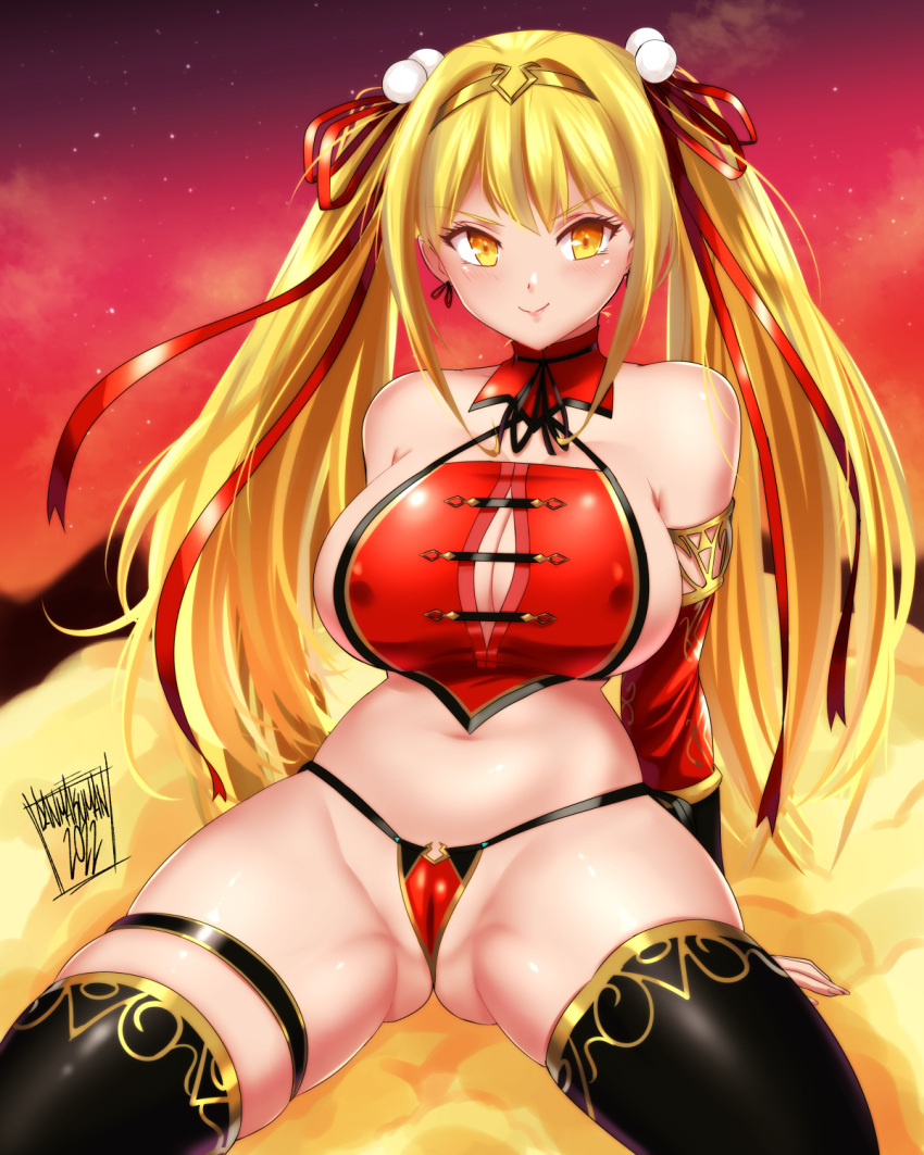 &gt;:) 1girl alternate_breast_size armband black_thighhighs blonde_hair breasts cameltoe circlet cloud danmakuman earrings evertale flying_nimbus genderswap grin headband highres jewelry journey_to_the_west large_breasts long_hair monkey_girl navel open_clothes panties revealing_clothes side-tie_panties sitting sitting_on_cloud skindentation sky smile smirk solo star_(sky) starry_sky stomach sun_wukong sun_wukong_(evertale) tail thighhighs thighlet tiara twintails underwear v-shaped_eyebrows yellow_eyes