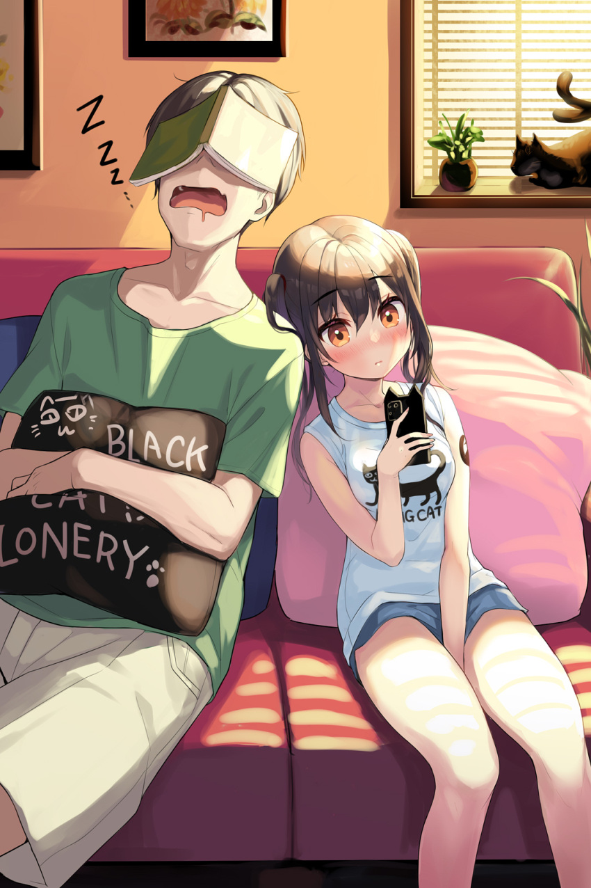 1boy 1girl black_hair blue_shorts blush breasts brown_eyes cellphone closed_mouth clothes_writing collarbone commentary_request couch day drooling english_text engrish_text fangs feet_out_of_frame green_shirt hair_between_eyes highres holding holding_phone hugging_object indoors leaning_on_person leaning_to_the_side long_hair medium_breasts minamura_haruki mouth_drool nose_blush on_couch open_mouth original phone phone_with_ears pillow pillow_hug ranguage shirt short_sleeves shorts sitting sleeping sleeping_on_person sleeping_upright twintails white_shorts window