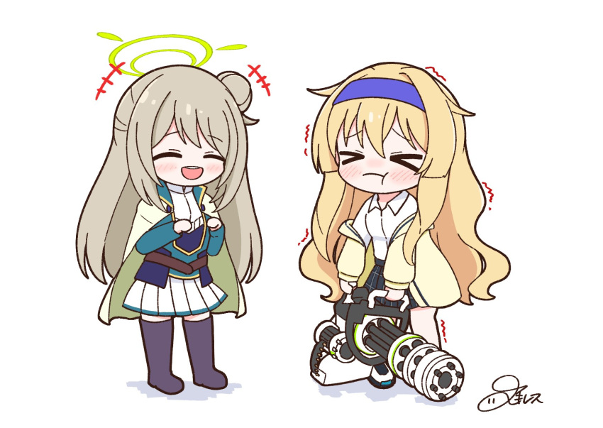 &gt;_&lt; achilles_(yosshyachillesd) blonde_hair blue_archive blush cape commission cosplay dress fault gatling_gun hair_bun hairband halo highres long_hair minigun nonomi_(blue_archive) school_uniform selphine_rughzenhaide skeb_commission smile struggling