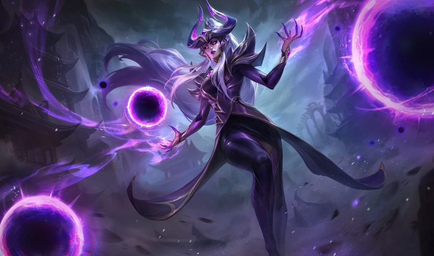 1girl cloud cloudy_sky feet_out_of_frame fingernails fog glowing glowing_eyes glowing_hands hair_ornament house incoming_attack league_of_legends league_of_legends:_wild_rift lipstick looking_at_viewer magic makeup official_art outdoors purple_eyes purple_lips serious sharp_fingernails sky solo standing syndra water waterfall white_hair