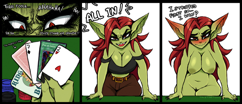 2023 areola breasts card cleavage clothed clothing female genitals goblin green_body green_skin hair hi_res humanoid not_furry nude pot_of_greed pussy red_hair twistingtoxic