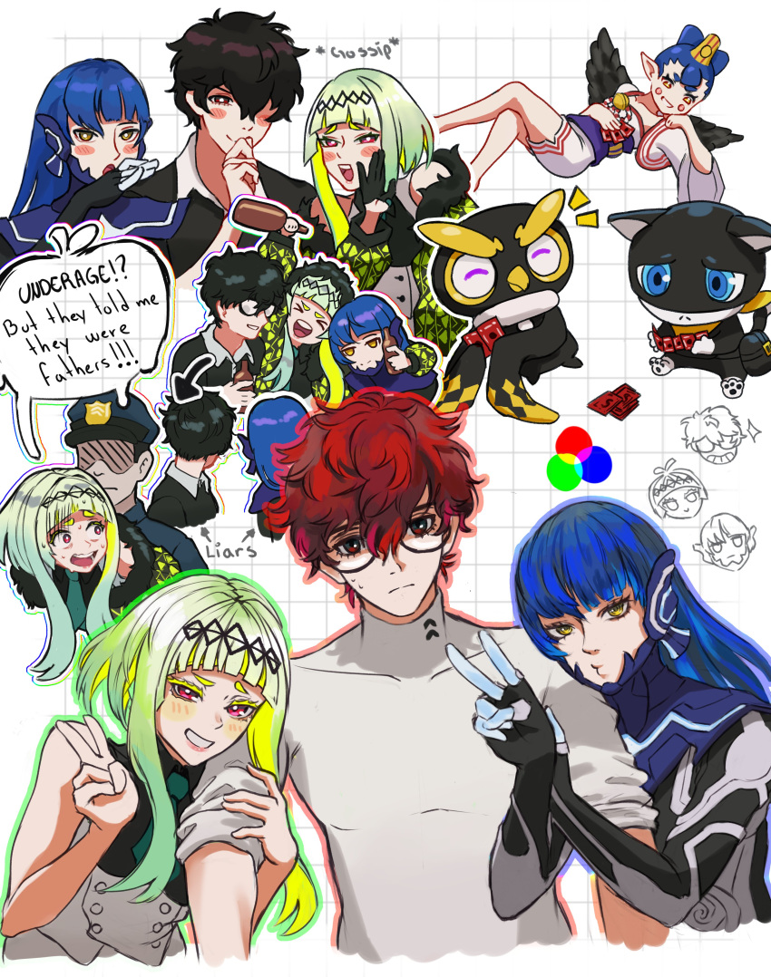 &gt;_&lt; 1girl :3 :d absurdres alternate_hair_color amamiya_ren amanozako_(megami_tensei) andrich_galam androgynous armor arrest atlus bird black_gloves black_hair blue_bodysuit blue_hair blunt_bangs blush bodysuit bodysuit_pull bottle card cat collared_shirt colored_inner_hair crossover eyelashes frown fur_trim glasses gloves green_hair hair_ornament half_gloves highres holding holding_bottle in-franchise_crossover jacket japanese_clothes long_hair looking_at_viewer medium_hair mini_person minigirl morgana multicolored_hair multiple_boys open_mouth otoko_no_ko owl persona persona_5 pointy_ears police protagonist_(smtv) purple_hair red_eyes red_hair ringo_(soul_hackers_2) shin_megami_tensei shin_megami_tensei_v shirt short_hair short_hair_with_long_locks sidelocks simple_background smile soul_hackers soul_hackers_2 sweater tengu turtleneck turtleneck_sweater two-tone_hair vest white_background white_shirt wings xd yellow_eyes yellow_pupils