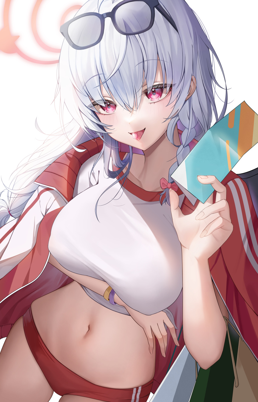 1girl absurdres blue_archive blush braid breasts buruma candy collarbone eyewear_on_head food grey_hair gym_shirt halo haruna_(blue_archive) haruna_(track)_(blue_archive) highres jupo large_breasts long_hair navel official_alternate_costume red_buruma red_eyes red_halo shirt short_sleeves side_braid simple_background solo tongue tongue_out white_background white_shirt