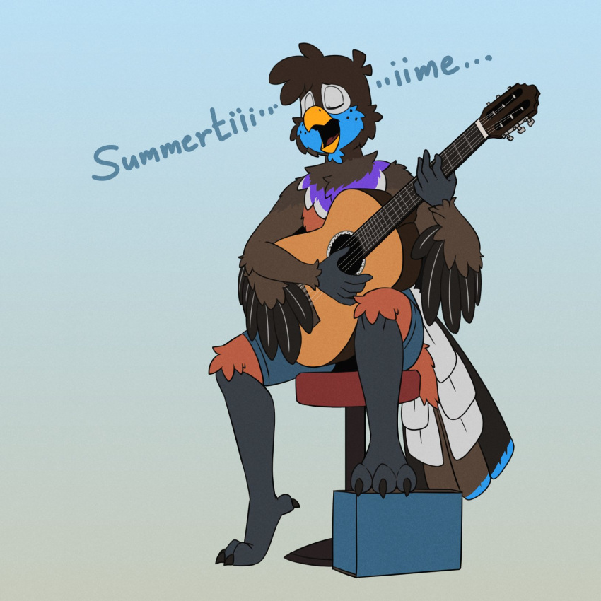 2023 3_toes 5_fingers acoustic_guitar anthro arm_tuft avian beak bird black_body black_claws black_feathers blue_body blue_feathers bottomwear brown_body brown_feathers cheek_tuft chest_tuft claws clothing emanata english_text eyes_closed facial_tuft feathers feet filipino_text fingers flat_colors furniture gradient_background grey_bottomwear grey_clothing grey_shorts guitar head_tuft hi_res holding_guitar jay_(sammfeatblueheart) knee_tuft leg_tuft male musical_instrument open_beak open_mouth playing_guitar playing_music plucked_string_instrument purple_body purple_feathers raised_foot red_tongue sammfeatblueheart shorts shorts_only shoulder_tuft simple_background singing sitting solo stool string_instrument tail_feathers text toes tongue trogon trogonid tuft white_body white_feathers winged_arms wings wrist_tuft yellow_beak