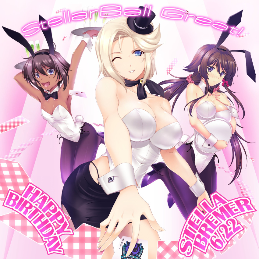 3girls absurdres animal_ears black_headwear black_skirt blue_eyes bow breasts brown_hair card champagne_flute character_name cleavage cup dark-skinned_female dark_skin drinking_glass hair_between_eyes hair_bow hat highres holding holding_tray leotard long_hair looking_at_viewer low_twintails medium_breasts mini_hat mini_top_hat miyata_sou multiple_girls muvluv muvluv_alternative muvluv_total_eclipse official_art one_eye_closed playboy_bunny purple_eyes rabbit_ears red_bow short_hair skirt small_breasts smile stella_bremer takamura_yui tarisa_manandal top_hat tray twintails very_long_hair white_leotard