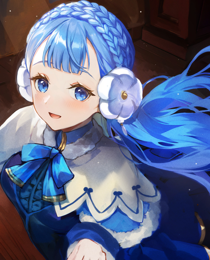 1girl blue_bow blue_bowtie blue_capelet blue_hair blue_shirt bow bowtie braid capelet corset crown_braid dress_shirt fire_emblem fire_emblem_echoes:_shadows_of_valentia fur-trimmed_capelet fur-trimmed_sleeves fur_trim highres jurge layered_capelet long_hair long_sleeves looking_at_viewer open_mouth parted_bangs rinea_(fire_emblem) shirt smile solo