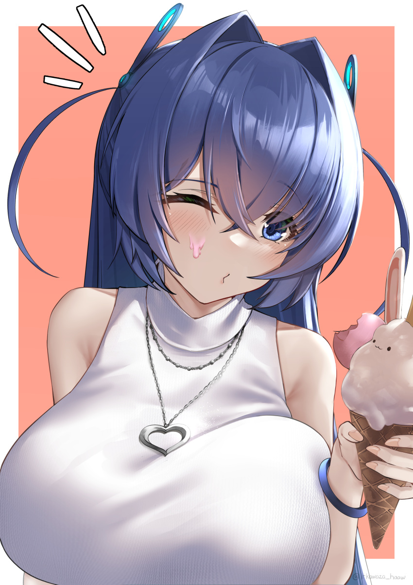 1girl absurdres alternate_costume azur_lane bare_shoulders blue_eyes blue_hair blush bracelet breasts collarbone commentary crossed_bangs food food_on_face hair_between_eyes hair_intakes heart heart_necklace highres holding holding_food holding_ice_cream ice_cream ice_cream_cone ice_cream_on_face irkawaza jewelry large_breasts long_hair looking_at_viewer necklace new_jersey_(azur_lane) notice_lines shirt sidelocks sleeveless sleeveless_shirt solo standing upper_body very_long_hair white_shirt
