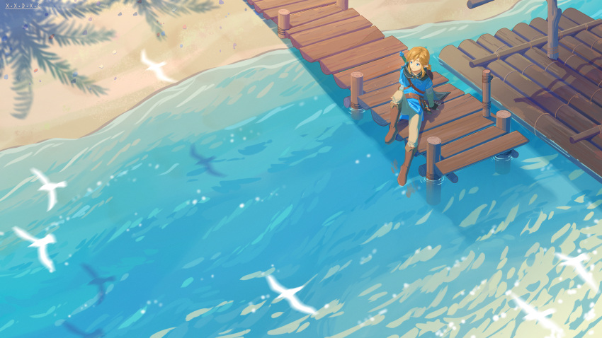 absurdres beach bird blue_eyes blue_tunic dock highres light_brown_hair link nature ocean raft sand scenery sitting sword sword_on_back the_legend_of_zelda the_legend_of_zelda:_breath_of_the_wild weapon weapon_on_back white_bird wide_shot x.x.d.x.c