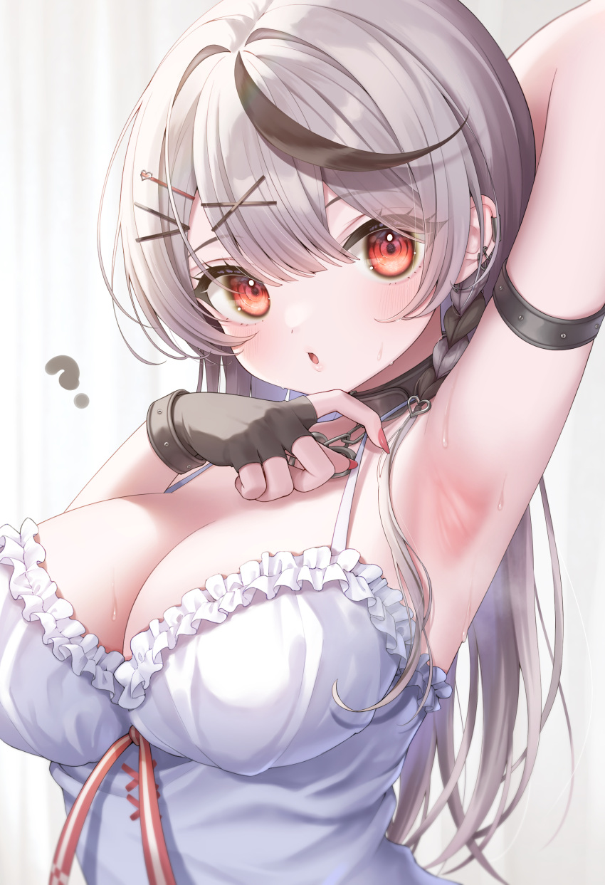 1girl ? absurdres arm_behind_head arm_up armpits bow braid breasts camisole cleavage fingerless_gloves frilled_camisole frills gloves grey_hair heart_collar highres hololive holox kawara_purin long_hair multicolored_hair plaid plaid_bow sakamata_chloe strap_pull streaked_hair sweat upper_body virtual_youtuber white_camisole