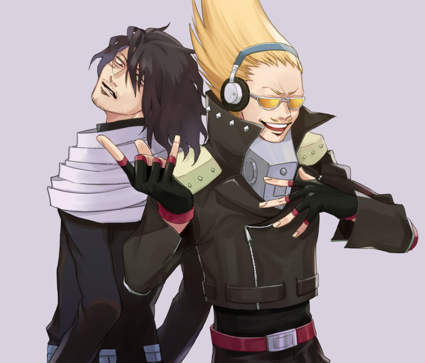 2boys bags_under_eyes belt black_gloves black_hair black_jacket black_pants black_shirt blonde_hair boku_no_hero_academia eraser_head_(boku_no_hero_academia) facial_hair fingerless_gloves fingernails gloves goatee grey_background grey_scarf grimace hand_on_own_chest headphones jacket male_focus multiple_boys open_mouth pants present_mic red_belt rnuyvm scar scar_on_face scarf shirt simple_background spiked_hair teeth tinted_eyewear white-framed_eyewear yellow-tinted_eyewear