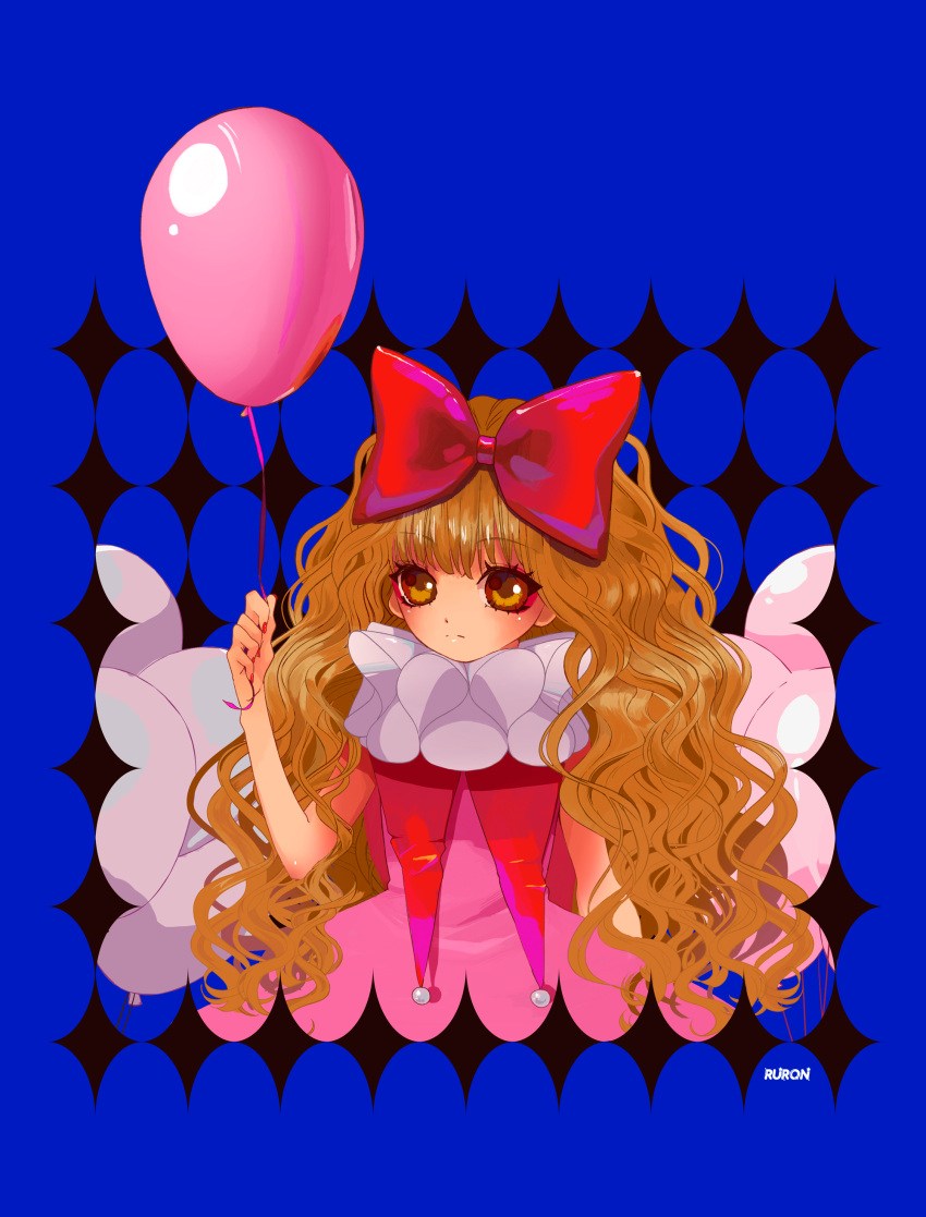 1girl absurdres artist_name balloon blonde_hair blue_background blush bow closed_mouth clown_drop dress hair_bow highres long_hair looking_at_viewer mashiro_rima orange_eyes pink_dress ruron_(ruron_art) shugo_chara! solo wavy_hair