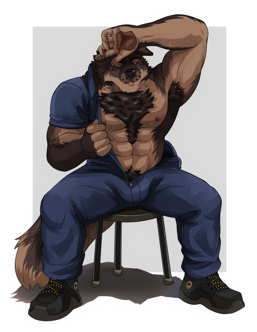 abs absurd_res anthro armpit_hair bodily_fluids body_hair brown_body brown_fur bulge canid canine canis chest_hair clothing eyes_closed fur hi_res male mammal muscular muscular_anthro muscular_male naikuma nipples pecs pubes sitting solo sweat undressing wolf