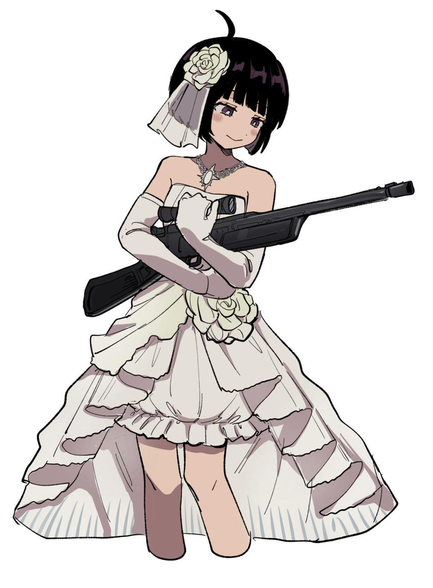 1girl affectionate alternate_costume amatori_chika aoi_(yooo009) bare_shoulders bob_cut commentary cropped_legs dress elbow_gloves flower frills gloves gun hair_flower hair_ornament highres holding holding_gun holding_weapon jewelry looking_at_object looking_to_the_side necklace object_hug purple_eyes rifle see-through simple_background sniper_rifle solo strapless strapless_dress veil weapon wedding_dress white_background white_gloves world_trigger
