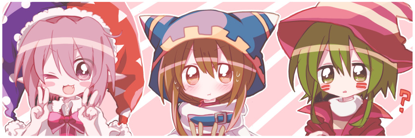 1girl 2boys ;3 ? blue_headwear blush blush_stickers brown_eyes brown_hair capelet closed_mouth commentary_request double_v fang green_eyes green_hair gryll_(kirby) hair_between_eyes hat highres jacket jester_cap kirby_(series) looking_at_viewer magolor marx_(kirby) multicolored_clothes multicolored_headwear multiple_boys neck_ribbon no_nose one_eye_closed open_clothes open_jacket open_mouth outline parted_lips personification pink_eyes pink_hair pink_ribbon pointy_ears red_headwear red_jacket red_shirt ribbon shirt short_hair smile striped striped_background sweat usagi_nui v v-shaped_eyebrows white_capelet white_outline