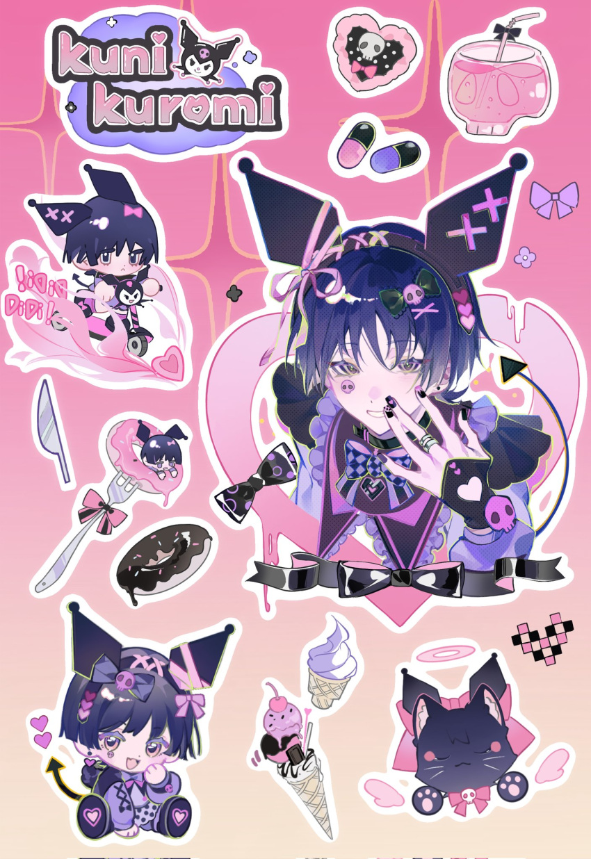 1boy black_bow black_nails blue_hair bow brown_eyes character_name chibi cosplay demon_tail flower genshin_impact hair_bow hair_ornament heart highres jewelry kuromi kuromi_(cosplay) long_sleeves male_focus pill pink_background purple_bow purple_flower purple_shirt ring sanrio scaramouche_(cat)_(genshin_impact) scaramouche_(genshin_impact) shirt skull skull_hair_ornament smile solo tail teeth xiannu168