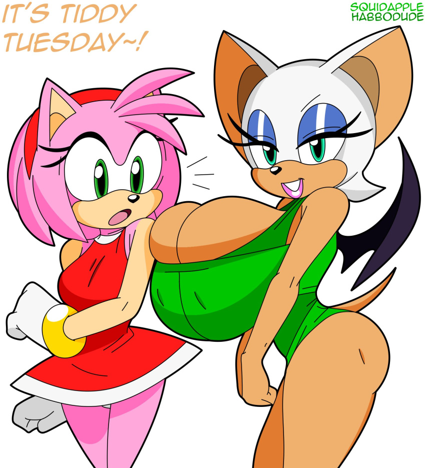 accessory amy_rose anthro bat big_breasts bracelet breast_squish breasts cleavage clothed clothing dress duo eulipotyphlan eyeshadow female fur gloves green_eyes habbodude hair_accessory hairband handwear hedgehog hi_res huge_breasts jewelry leotard lipstick makeup mammal pink_body pink_fur rouge_the_bat sega shocked_expression sonic_the_hedgehog_(series) squish swimwear tight_fit white_body white_fur wings