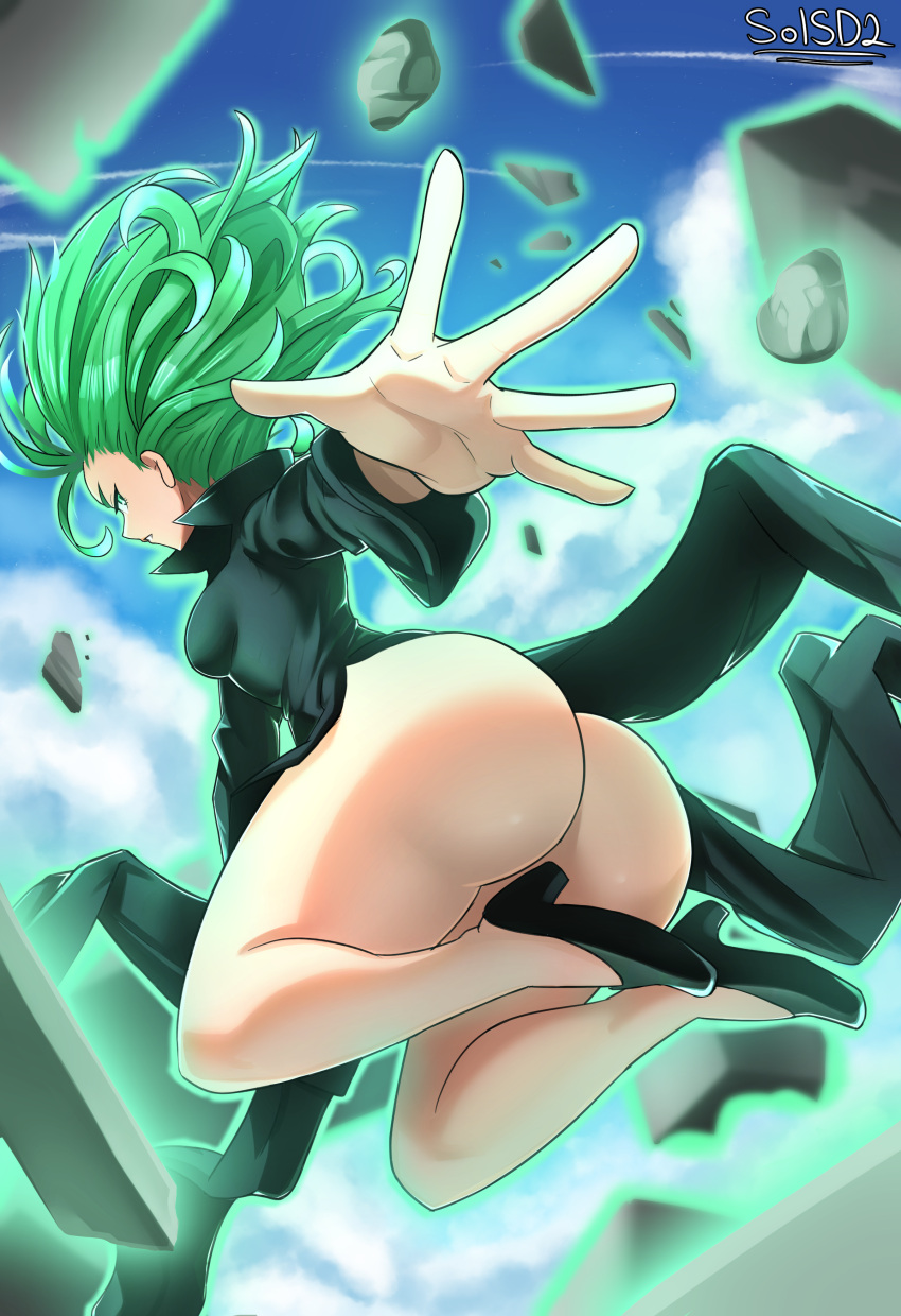 1girl absurdres ass aura black_dress black_footwear blue_sky blurry blurry_background breasts cloud curly_hair dress flipped_hair floating floating_hair floating_rock foreshortening green_eyes green_hair hammerofsolace high_heels highres legs long_sleeves looking_at_viewer medium_hair one-punch_man open_hand outstretched_arm parted_lips profile psychic pumps sideways_glance sky small_breasts solo tatsumaki telekinesis thighs