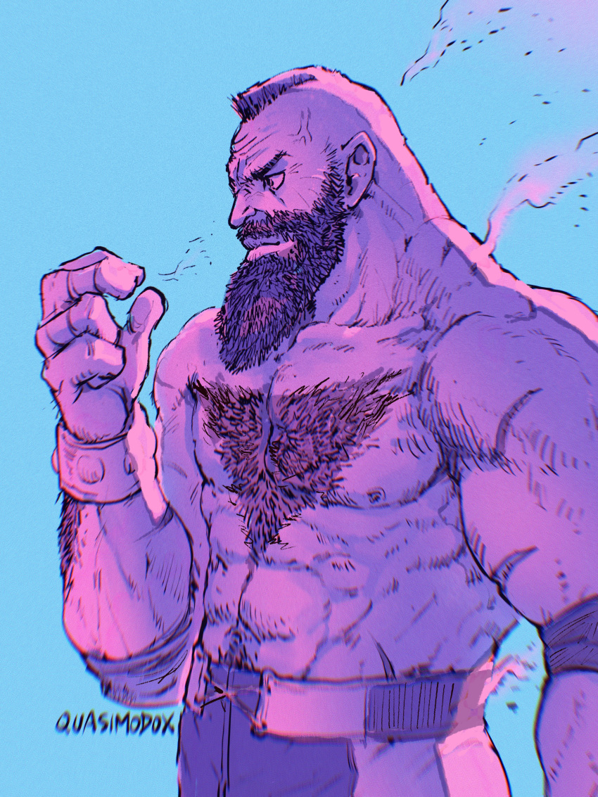 1boy abs absurdres beard chest_hair debris facial_hair highres large_pectorals looking_ahead male_focus mature_male mohawk muscular muscular_male navel navel_hair nipples pectorals quasimodox short_hair solo stomach street_fighter street_fighter_6 strongman_waist thick_eyebrows topless_male veiny_face zangief