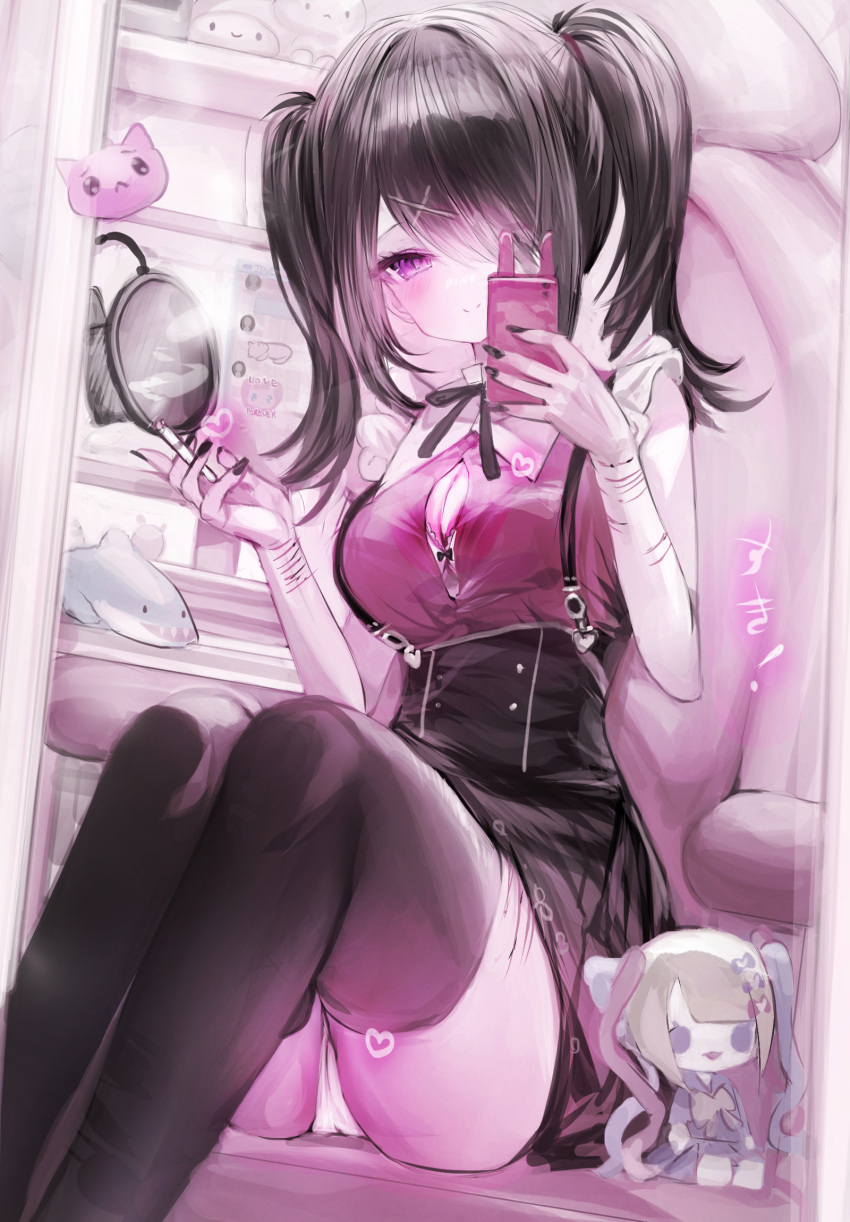 1girl ame-chan_(needy_girl_overdose) black_hair black_nails black_ribbon black_skirt black_thighhighs bleeding blood breasts cat cellphone chair character_doll chouzetsusaikawa_tenshi-chan cigarette cleavage collared_shirt commentary_request cuts gaming_chair hair_ornament hair_over_one_eye hair_tie hands_up heart highres holding holding_cigarette holding_phone indoors injury jirai_kei large_breasts long_hair looking_at_viewer mirror monitor nail_polish neck_ribbon needy_girl_overdose p-chan_(needy_girl_overdose) panties pantyshot partially_unbuttoned phone pink_eyes red_shirt ribbon scar scar_on_leg self-harm self-harm_scar selfie shirt sitting skirt smartphone smile smoke solo stuffed_animal stuffed_shark stuffed_toy suspender_skirt suspenders swivel_chair table taking_picture thighhighs translation_request twintails underwear white_panties wrist_cutting x_hair_ornament yunara