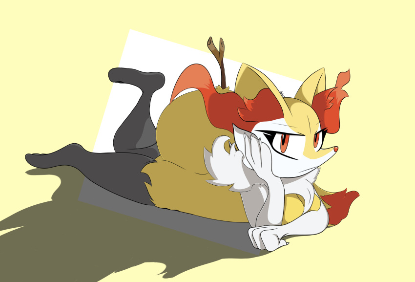 2023 3_fingers angry anthro arm_over_breasts artist_name bent_legs big_tail black_body black_fur braixen breasts butt canid canine digital_media_(artwork) docior_(artist) ear_fur eyebrows eyelashes female fingers floating_eyebrows fox frown frowning_at_viewer fur generation_6_pokemon hi_res hiding_breasts hind_legs hindpaw laying_on_ground leaning_on_hand legs_up looking_at_viewer lying mammal nintendo on_front orange_eyes orange_nose orange_tail_tip paws pokemon pokemon_(species) shaded signature simple_background solo stick tail white_body white_fur yellow_body yellow_fur yellow_tail