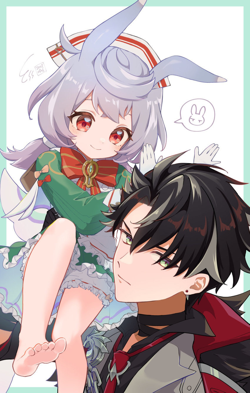 1boy 1girl absurdres animal_ears barefoot black_hair black_shirt bloomers bow bowtie closed_mouth collared_shirt dated ear_piercing genshin_impact gloves green_eyes grey_hair hat highres jacket long_sleeves low_twintails multicolored_hair necktie piercing pinocle red_bow red_bowtie red_eyes red_necktie shirt sigewinne_(genshin_impact) signature simple_background sitting_on_shoulder twintails underwear white_bloomers white_gloves wriothesley_(genshin_impact)