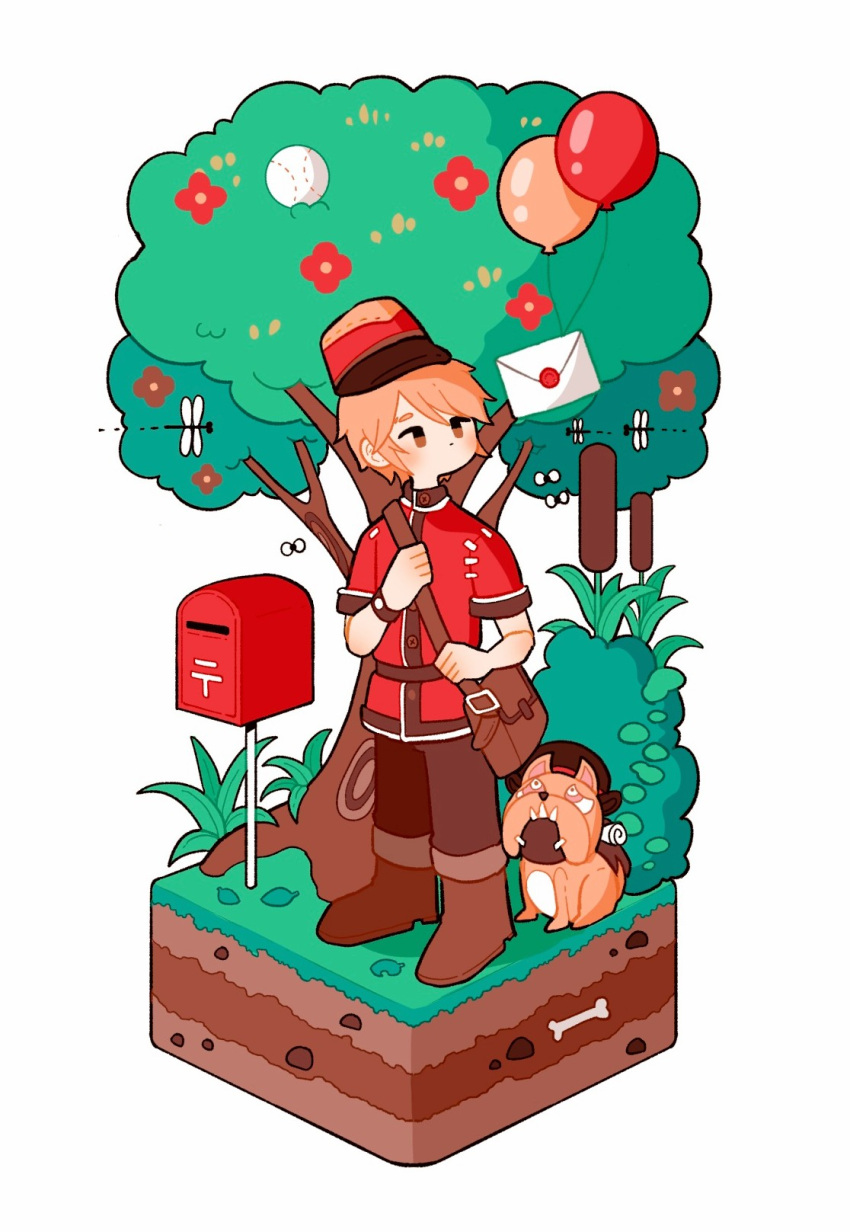 1boy bag balloon baseball belt blonde_hair bone boots brown_bag brown_footwear brown_pants bug bush buttons cattail closed_mouth diorama dirt dog dragonfly envelope expressionless flower full_body grass highres identity_v isometric leaf looking_at_object looking_up male_focus orange_eyes pants plant postbox_(outgoing_mail) red_flower red_headwear red_shirt satchel shirt short_hair short_sleeves simple_background solo stitches tree victor_grantz watch white_background whybe123 wick_(identity_v)