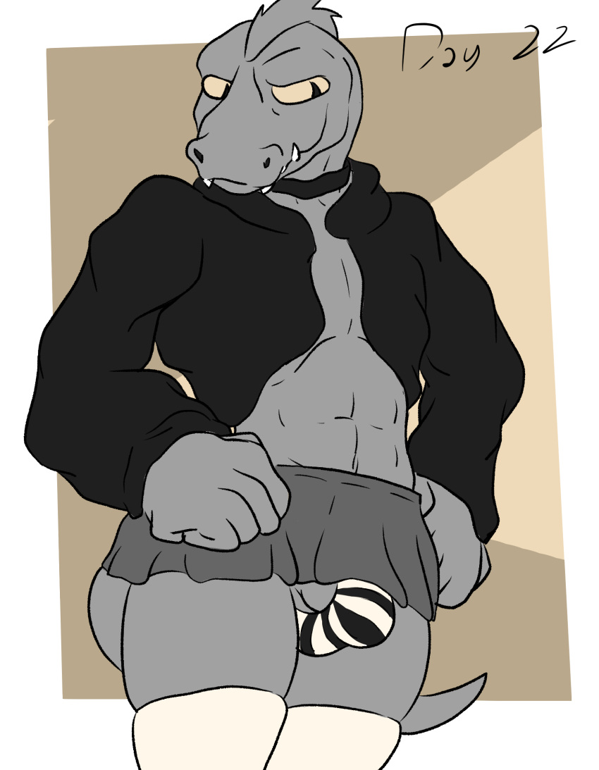 abs anthro arxur_(the_nature_of_predators) bottomwear bulge clothing collar detailed_bulge english_text girly hi_res kinktober legwear male muscular muscular_male naysayingmongrel scalie skirt text the_nature_of_predators thigh_highs venlil_(the_nature_of_predators)