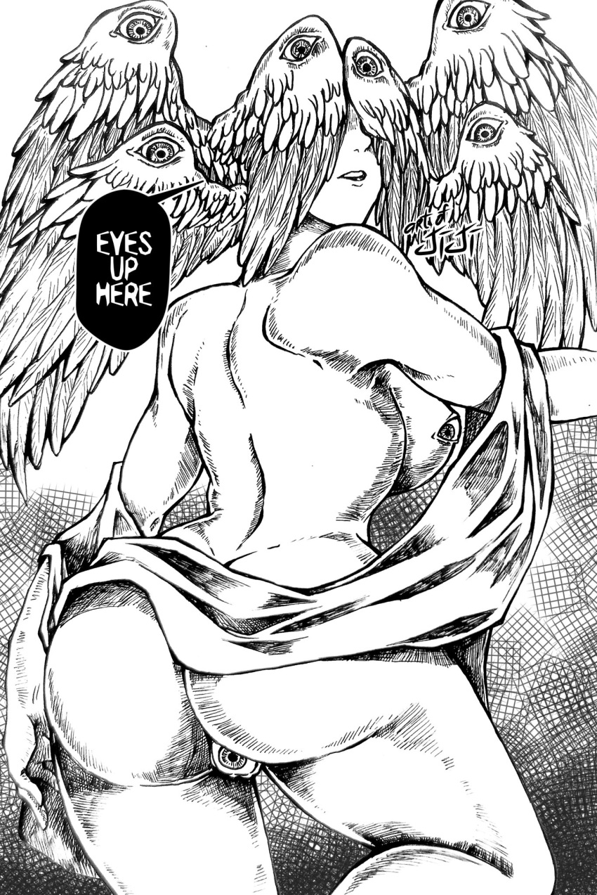 angel artofjiji big_breasts big_butt breasts butt dialogue eyes_on_chest eyes_on_wings feathered_wings feathers female genitals head_wings hi_res humanoid looking_at_viewer looking_back looking_back_at_viewer monochrome monster monstrous_humanoid nude open_mouth pussy simple_background solo talking_to_viewer thick_thighs unusual_anatomy unusual_genitalia unusual_pussy white_background wide_hips winged_humanoid wings