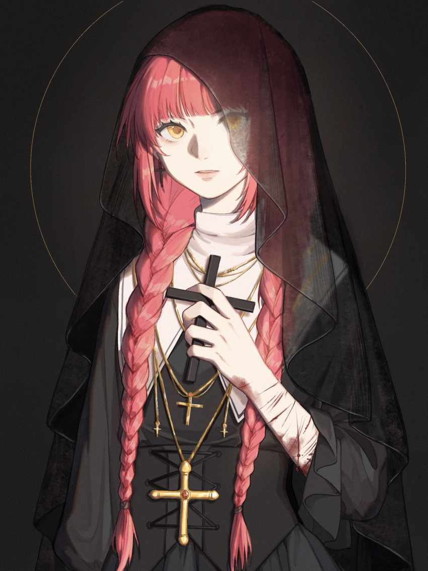 1girl black_veil blunt_bangs braid cross cross_necklace dear_itu fata_morgana_no_yakata highres holding holding_cross jewelry long_hair looking_at_viewer morgana_(fata_morgana_no_yakata) necklace nun parted_lips red_hair scar scar_on_arm solo twin_braids upper_body veil yellow_eyes