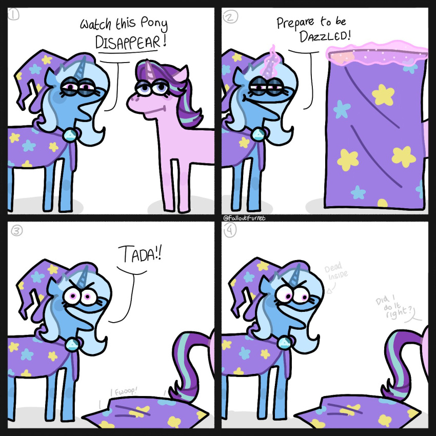 4_panel_comic cloak clothed clothing comic dialogue duo english_text equid equine fallout_furret female feral friendship_is_magic hasbro hat headgear headwear hi_res horn humor magic_trick magic_user mammal my_little_pony nude starlight_glimmer_(mlp) text trixie_(mlp) unicorn witch_hat