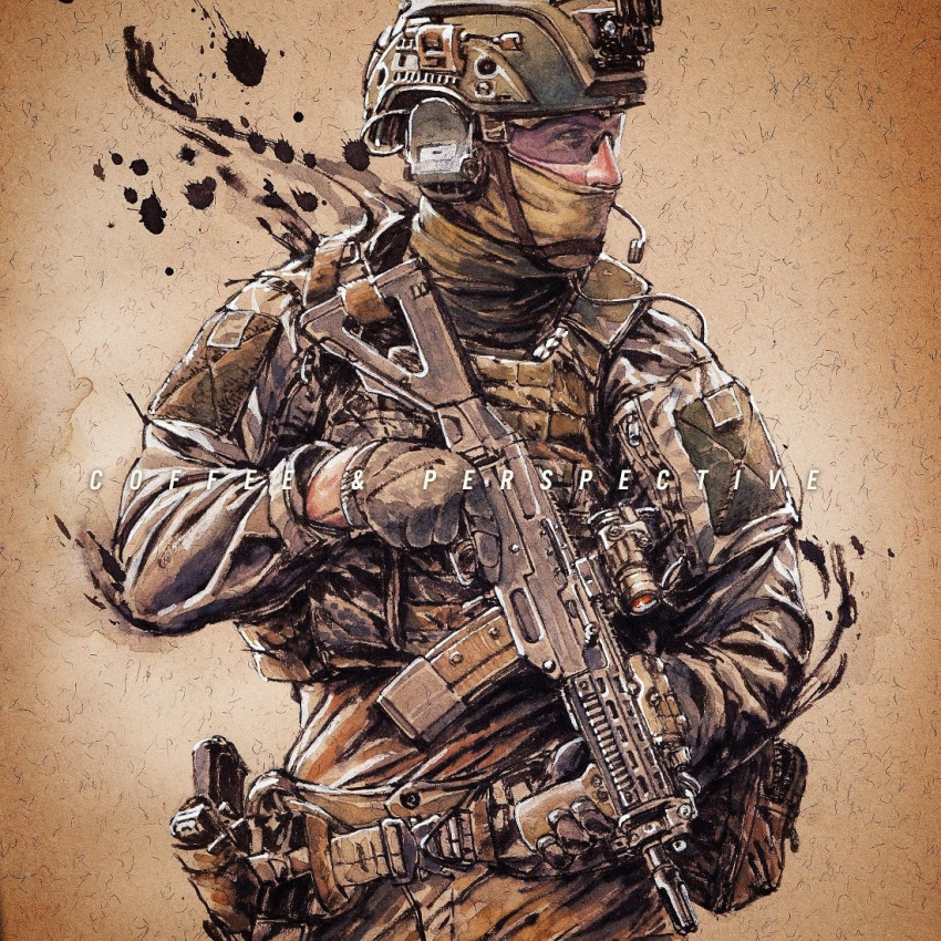 1boy ammunition_pouch assault_rifle belt belt_pouch black_eyes body_armor brown_background brown_belt brown_headwear brown_jacket brown_pants brown_theme brush_stroke buttons camouflage camouflage_jacket chin_strap combat_helmet commentary covered_mouth cowboy_shot english_commentary facebook_username folding_stock foregrip gloves grey_gloves gun handgun headset helmet holding holding_gun holding_weapon holster holstered ink_(medium) jacket laser_sight light_brown_background load_bearing_vest long_sleeves looking_to_the_side male_focus mar-c! mask military_jacket military_operator mixed_media nose optical_sight original painting_(medium) pants paper_texture plate_carrier pocket pouch realistic rifle shooting_glasses sig_sauer_552 sig_sauer_p220 sling solo splatter switzerland tactical_clothes traditional_media trigger_discipline turning_head utility_belt vertical_foregrip vignetting watercolor_(medium) watermark weapon western_comics_(style) zipper