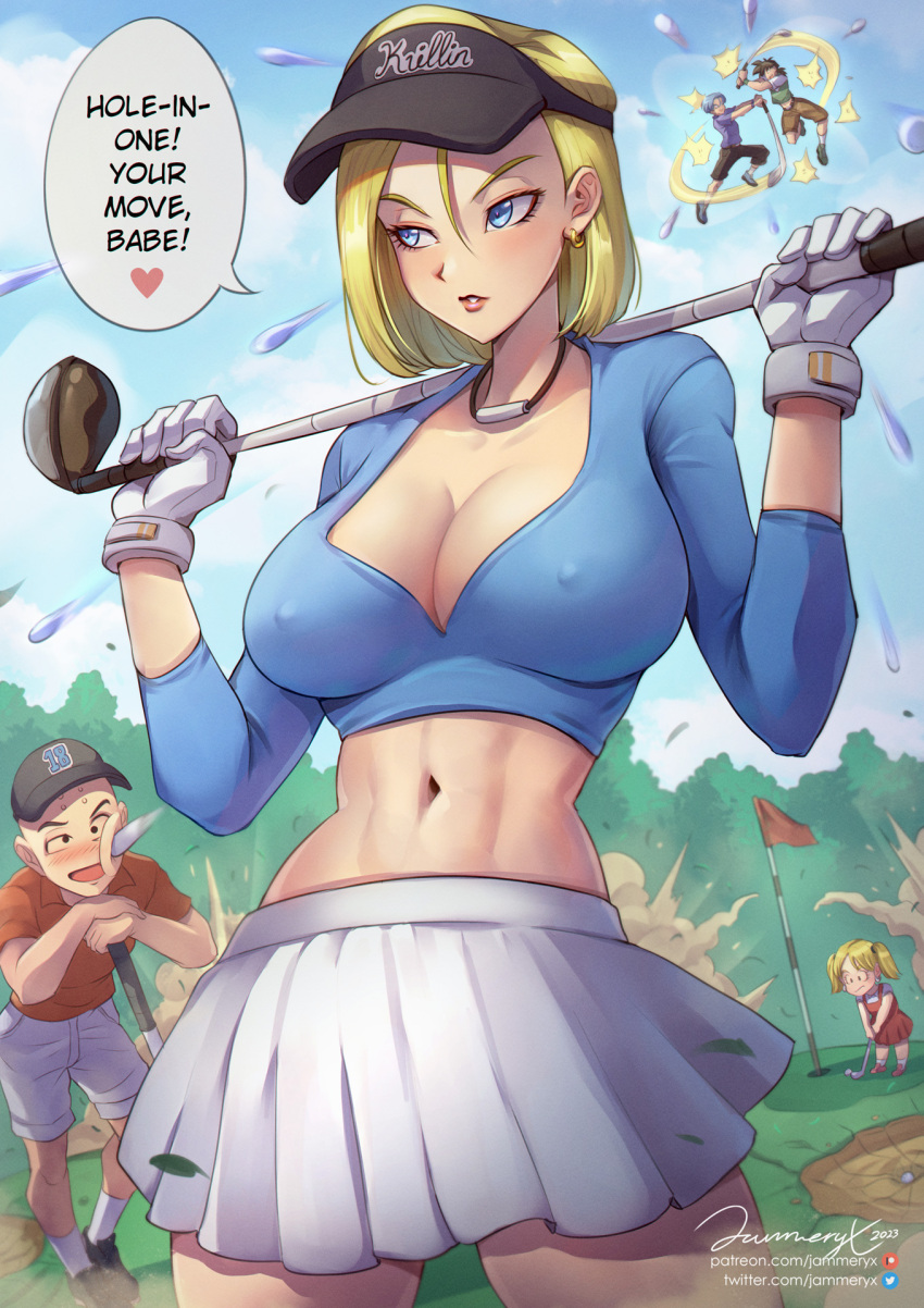 2girls 3boys aerial_battle android_18 ball baseball_cap battle blonde_hair blue_eyes blue_sky bob_cut breasts cleavage covered_nipples crater crop_top destruction dragon_ball duel earrings english_commentary english_text family female_child flag golf golf_ball golf_club hat highres holding holding_golf_club in_the_face jammeryx jewelry kuririn large_breasts long_sleeves marron_(dragon_ball) midriff miniskirt motion_blur multiple_boys multiple_girls navel parted_lips pendant playing_sports pleated_skirt short_hair skirt sky solo_focus son_goten speech_bubble stomach trunks_(dragon_ball) visor_cap white_background white_skirt