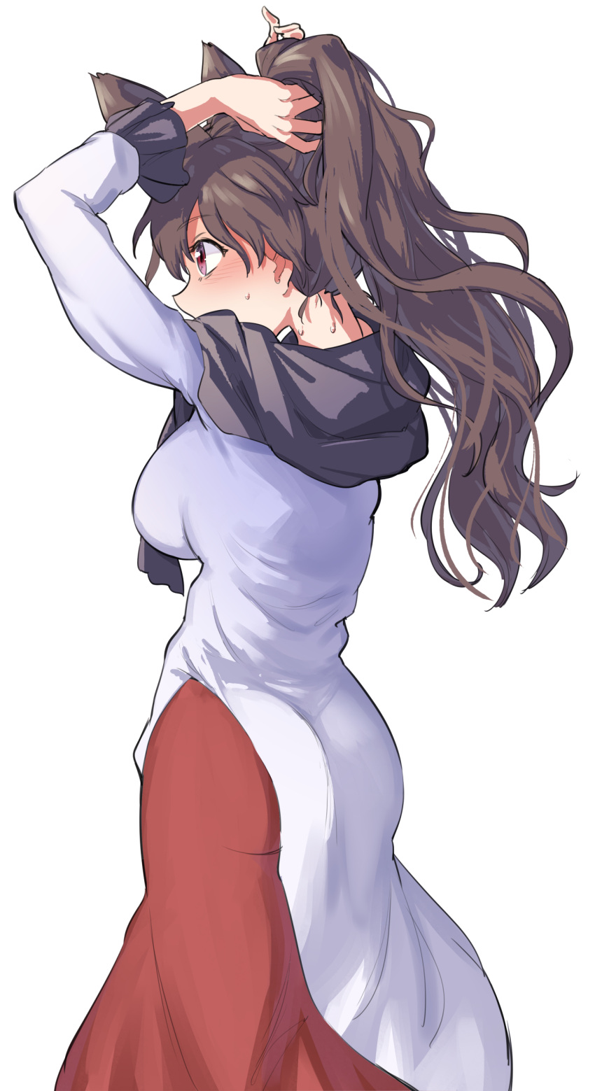 1girl absurdres alternate_hairstyle animal_ears ass blush breasts brown_hair bunching_hair extra_ears gunnjou_yosio highres imaizumi_kagerou large_breasts lone_nape_hair long_hair nape no_tail ponytail red_eyes sweatdrop touhou white_background wolf_ears