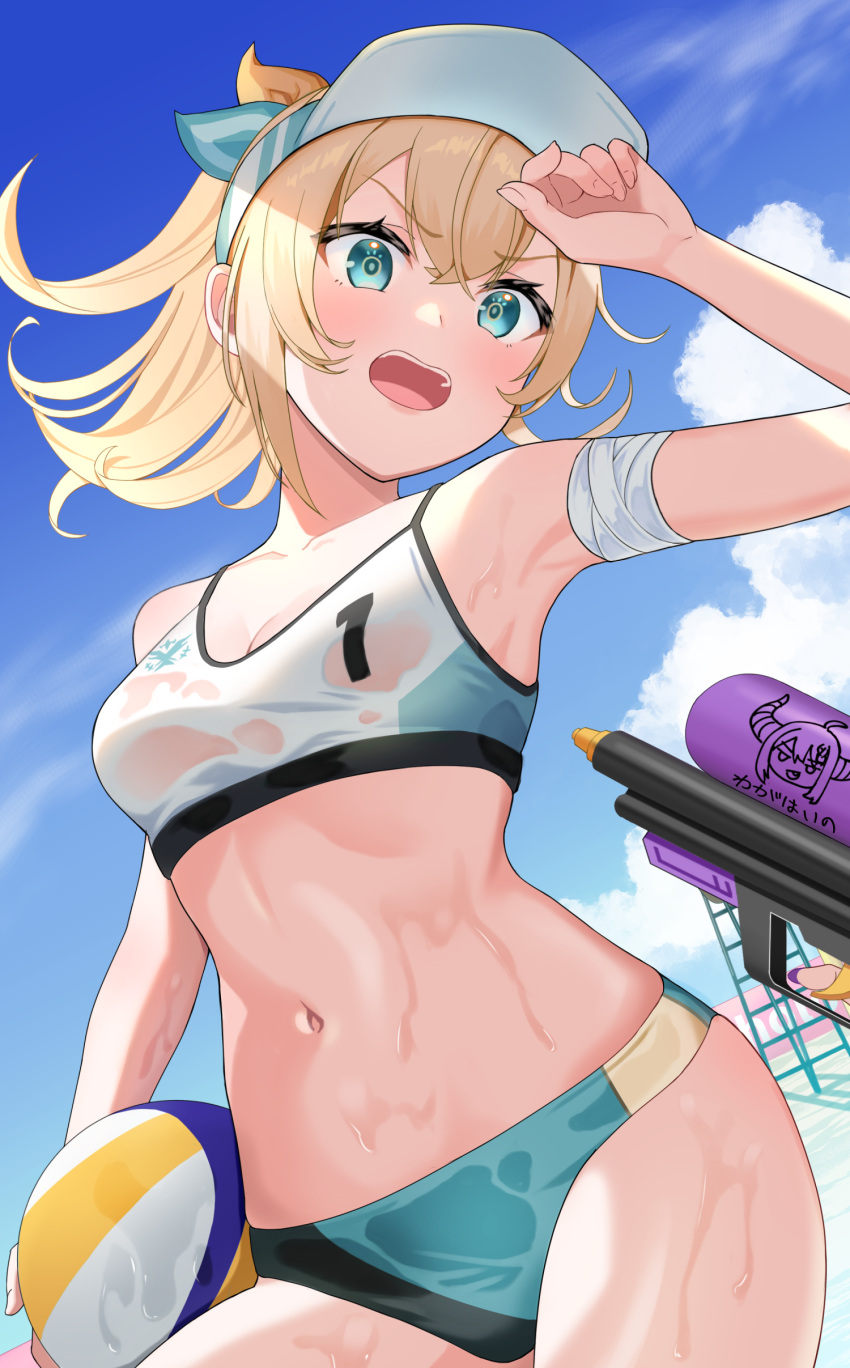 1girl absurdres angry arm_up ball bandaged_arm bandages beach beach_volleyball bikini blonde_hair blue_eyes blue_sky breasts cloud commentary_request highres holding holding_ball hololive kazama_iroha la+_darknesss long_hair multicolored_bikini multicolored_clothes navel open_mouth outdoors pokobee ponytail sable_mint sky small_breasts smile solo_focus sports_bikini sportswear sweat swimsuit teeth upper_teeth_only virtual_youtuber visor_cap volleyball volleyball_net water_gun wet wet_bikini