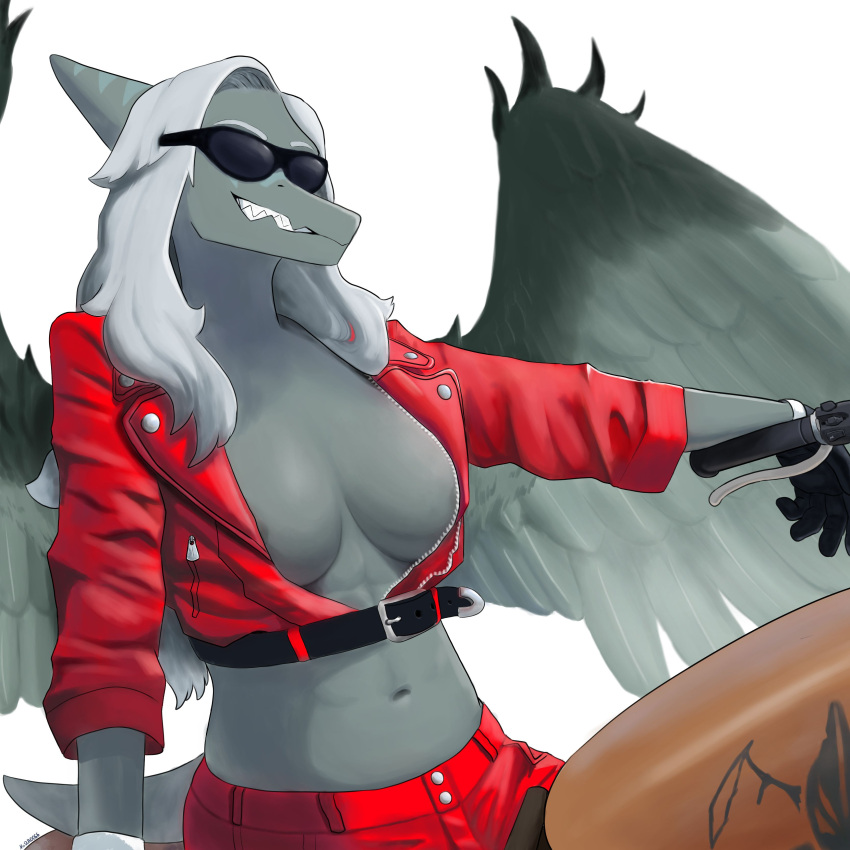 1:1 absurd_res anthro areola areola_slip big_wings biker_jacket black_clothing black_gloves black_handwear bone_frill bottomwear breasts cleavage clothed clothing colored dinosaur eyewear feather_tuft feathered_wings feathers female frill_(anatomy) gloves grey_body grey_scales grin hair handwear hi_res jacket leather leather_clothing leather_jacket leather_topwear long_hair motorcycle navel no2r0066 pants pterodactylus pterosaur red_bottomwear red_clothing red_jacket red_pants red_topwear reptile scales scalie short_tail silver_eyebrows silver_hair simple_background smile snoot_game snout solo sunglasses tail topwear tuft tusk_(snoot_game) vehicle wings