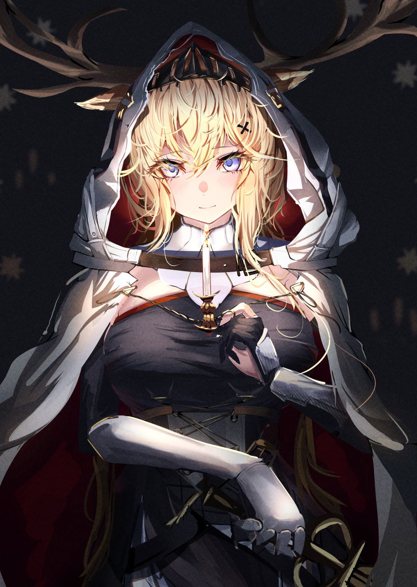 1girl absurdres animal_ears antlers antlers_through_hood arknights black_background black_shirt blonde_hair blue_eyes blush breasts candle cloak deer_antlers deer_ears deer_girl ears_through_hood fire gauntlets hair_between_eyes hair_ornament highres holding holding_candle hood hood_up hooded_cloak large_breasts looking_at_viewer lycoris-fullbloom shirt simple_background smile solo two-sided_cloak two-sided_fabric upper_body viviana_(arknights) white_cloak x_hair_ornament