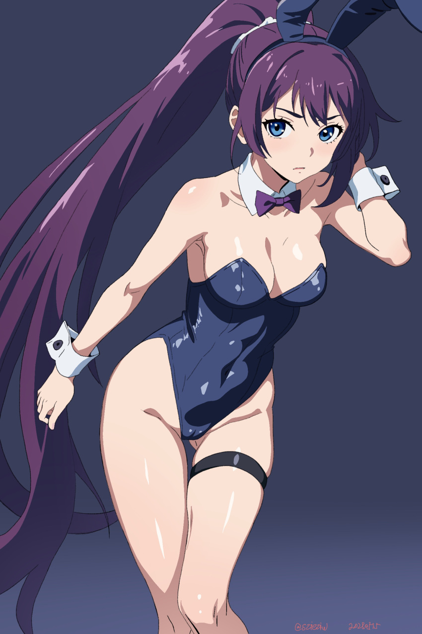 1girl animal_ears arm_at_side ass_visible_through_thighs bare_shoulders blue_background blue_eyes blue_leotard bow bowtie breasts cleavage closed_mouth commentary_request covered_navel dated detached_collar fake_animal_ears feet_out_of_frame hand_up highres leotard light_blush long_hair looking_at_viewer medium_breasts monogatari_(series) playboy_bunny purple_bow purple_bowtie purple_hair rabbit_ears senjougahara_hitagi solo standing strapless strapless_leotard szieziw thigh_strap twitter_username very_long_hair white_wrist_cuffs wrist_cuffs