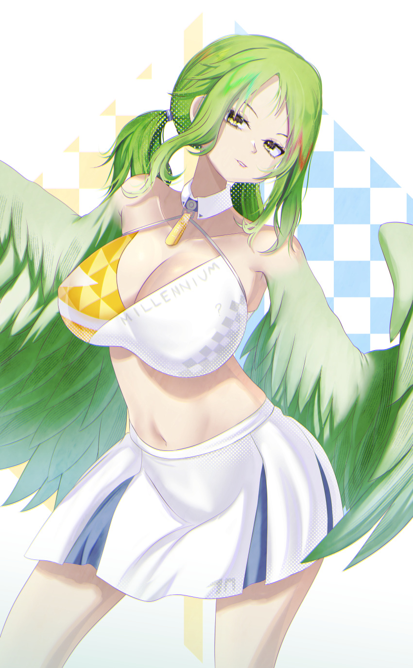 1girl absurdres bare_shoulders blue_archive breasts cheerleader cleavage commentary covered_nipples english_commentary feathers green_eyes green_feathers green_wings harpy highres kevin_tower large_breasts long_hair midriff millennium_cheerleader_outfit_(blue_archive) monet_(one_piece) monster_girl navel one_piece pleated_skirt skirt solo twintails white_skirt winged_arms wings yellow_eyes