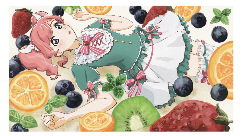 1girl aikatsu! aikatsu!_(series) all_day_long amahane_madoka blue_dress blue_eyes blueberry blush border collar collared_dress cross-laced_clothes dress food fruit hands_up highres kiwi_(fruit) kiwi_slice lemon lemon_slice long_hair looking_at_viewer lying mint neck_ribbon on_back open_mouth pink_hair pink_ribbon puffy_short_sleeves puffy_sleeves ribbon short_sleeves solo strawberry thighhighs twintails white_border white_collar white_thighhighs wing_hair_ornament