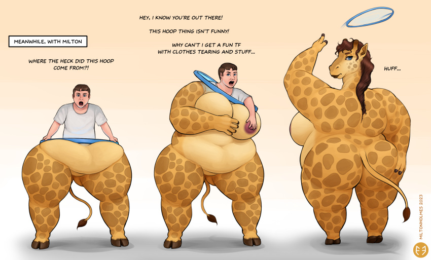 2023 after_transformation annoyed anthro blue_eyes bottomless breast_growth breasts brown_hair butt clothed clothing dialogue digital_media_(artwork) english_text featureless_crotch female gender_transformation giraffid growth hair hi_res hoop_transformation hooves human human_to_anthro male mammal miltonholmes mtf_transformation nipples overweight sequence shirt simple_background solo species_transformation standing text topwear transformation weight_gain white_clothing white_shirt white_topwear wide_hips