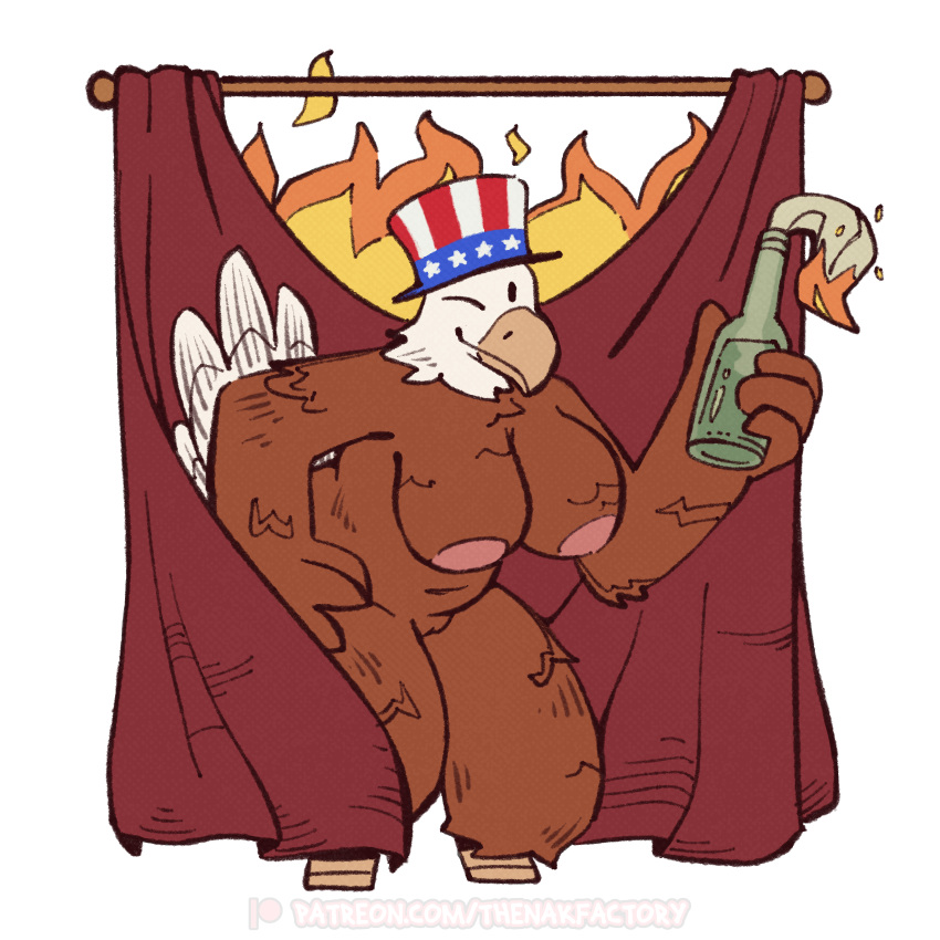 1:1 2023 4th_of_july accipitrid accipitriform anthro areola avian bald_eagle beak big_breasts biped bird breasts brown_body brown_feathers clothing curtains dozendav eagle feathers female fire genitals hand_on_hip hat headgear headwear hi_res holding_object holding_weapon molotov_cocktail navel non-mammal_breasts nude one_eye_closed patreon pink_areola politics pussy sea_eagle simple_background smile solo standing stars_and_stripes text thick_thighs united_states_of_america url weapon white_background white_body white_feathers wink