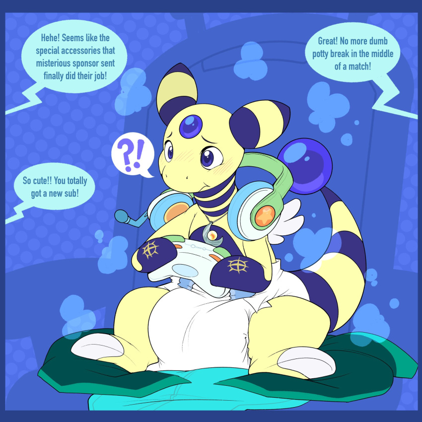 1:1 age_regression ambiguous_gender ampharos anthro blue_border blush border controller cuddlehooves diaper english_text fan_character game_controller generation_2_pokemon headphones hi_res nintendo pokemon pokemon_(species) regression sitting solo speech_bubble spread_legs spreading streamer text transformation