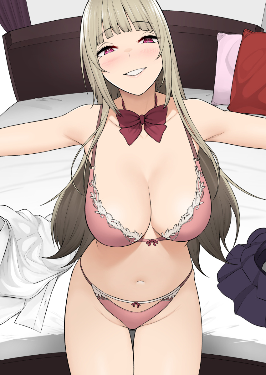1girl :d bed black_skirt blunt_bangs blush bow bowtie bra breasts brown_hair cleavage collarbone cowboy_shot grin heart heart-shaped_pupils highres indoors large_breasts long_hair looking_at_viewer navel nori_gorou original outstretched_arms panties parted_lips pink_bra pink_panties red_bow red_bowtie shirt shirt_removed skirt skirt_removed smile solo symbol-shaped_pupils thigh_gap underwear underwear_only very_long_hair white_shirt