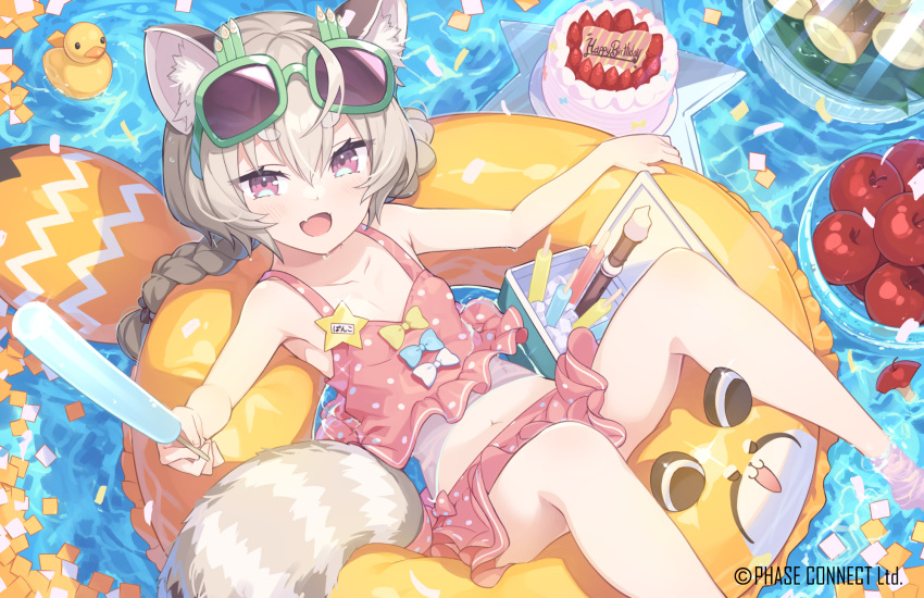 1girl animal_ear_fluff animal_ears bamboo_shoot bikini birthday_cake braid breasts brown_hair cake candy food happy_birthday highres instrument komachi_panko lollipop looking_at_viewer low_twin_braids navel open_mouth phase_connect purple_eyes recorder red_panda_ears red_panda_girl red_panda_tail small_breasts smile solo swimsuit tail tam-u thick_eyebrows twin_braids virtual_youtuber